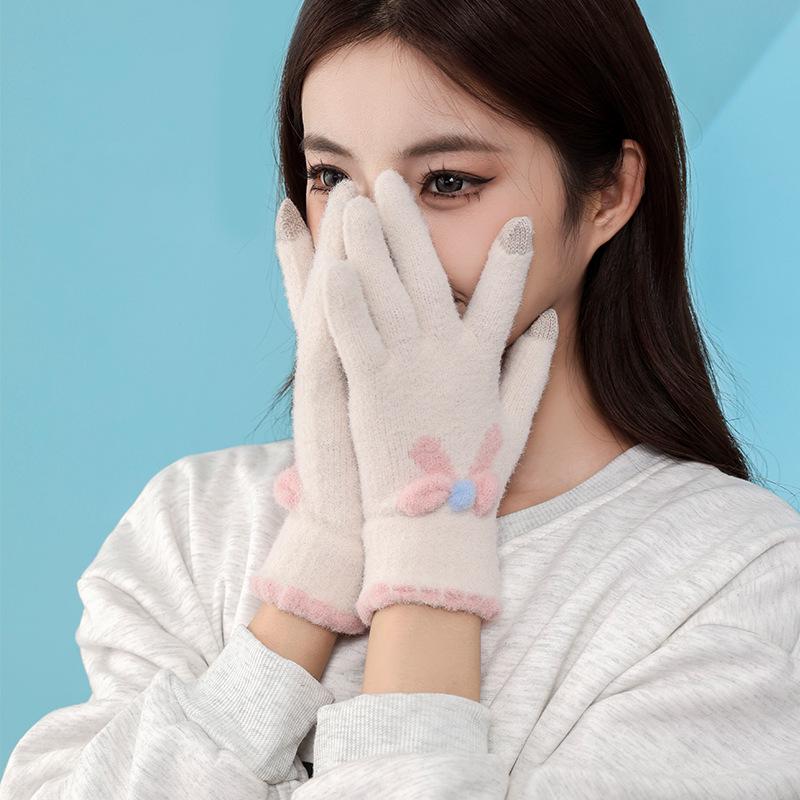 

Женские корейские вязаные митенки с бантом для сенсорного экрана, зимние - утолщенные и морозостойкие One Size кремовый/белый