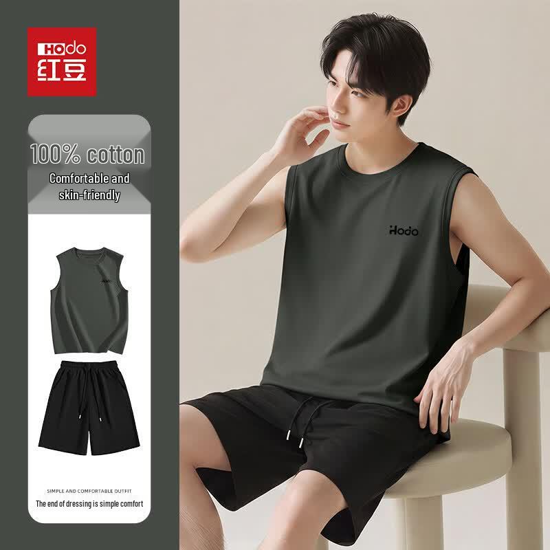Hodo Men s Pure Cotton Sleeveless T-shirt & Shorts Loungewear Set 2XL