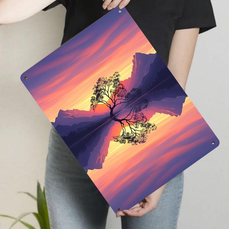 Silhouette Tree at Sunset Mountain Lake Metal Wall Art Modern Minimalist Home Decor for Living Room Bedroom 20x30cm（7.8x11.8inch）