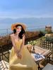 2026 Summer Light Yellow Plaid Backless Halter Dress - Island Beach Resort Style