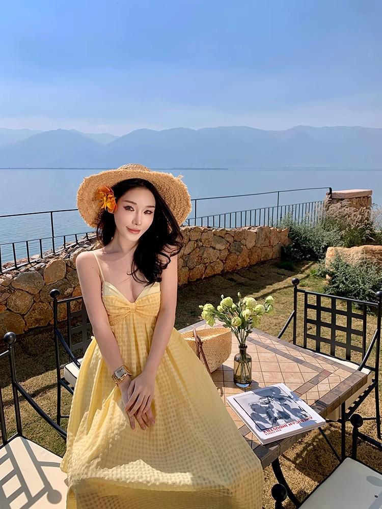 2026 Summer Light Yellow Plaid Backless Halter Dress - Island Beach Resort Style
