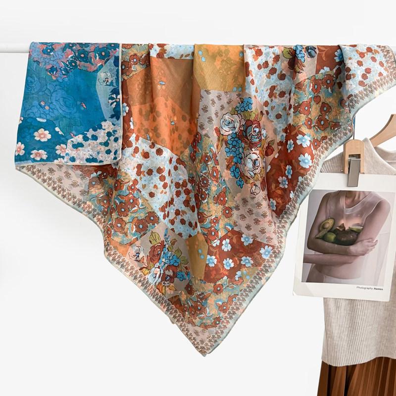 Pastoral Floral Velvet Double-sided Scarf 91 Large Square Scarf Women's Summer Travel Photo Silk Scarf Sun Protection Shawl