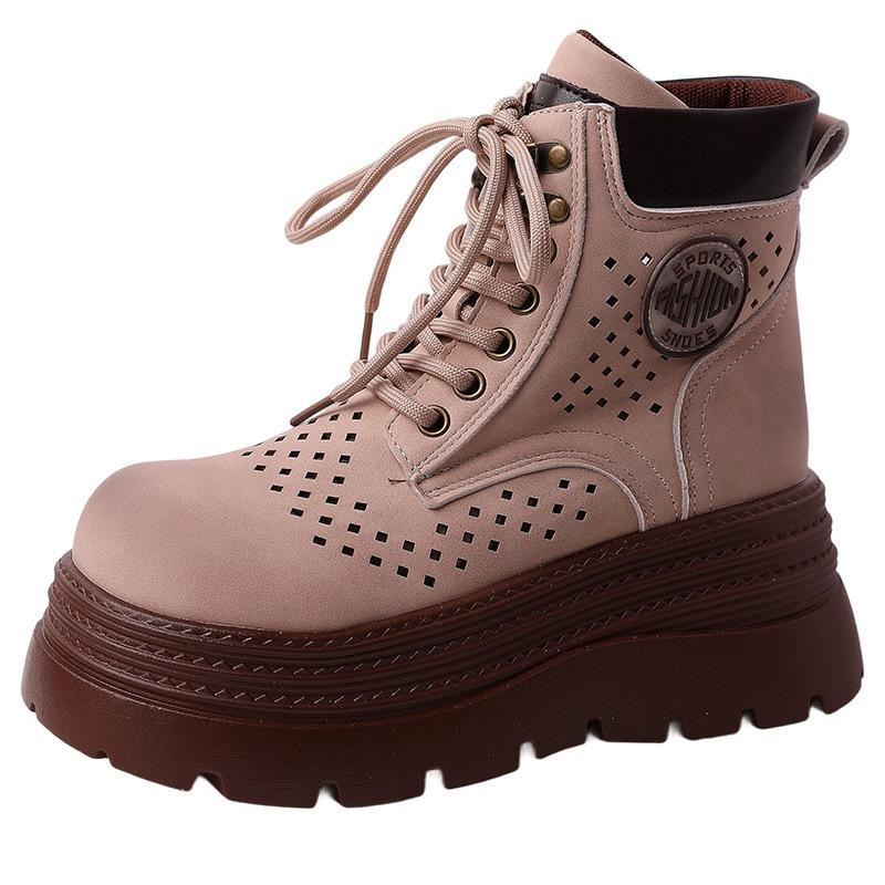 Fashion Hollow Breathable Casual Flat Bottom Martin Boots Autumn Retro Lace-Up Women's Thick Bottom Short Boots Small Boots