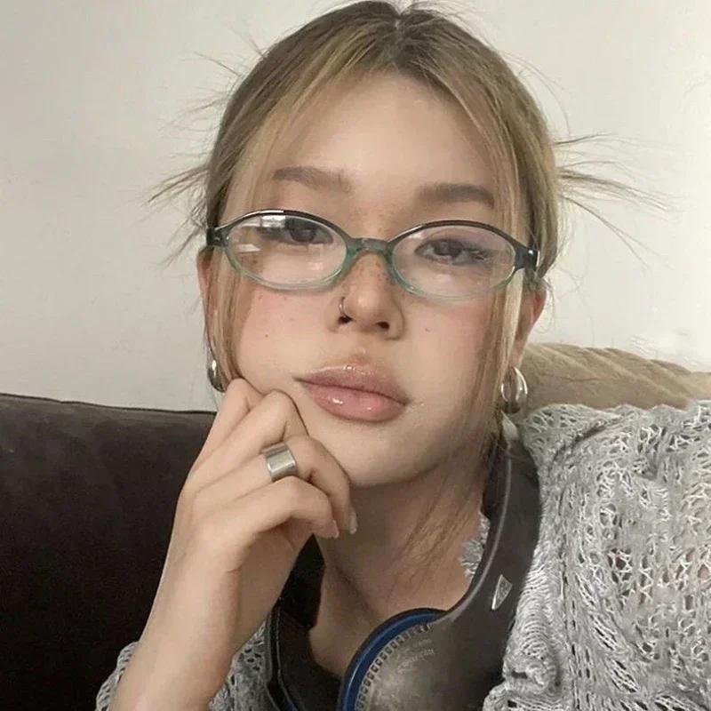 Women Retro Oval Glasses Y2K Japanese and Korean Girls Red Green Frame Glass Eyewear Decorative Computer Anti-blue Eyeglasses