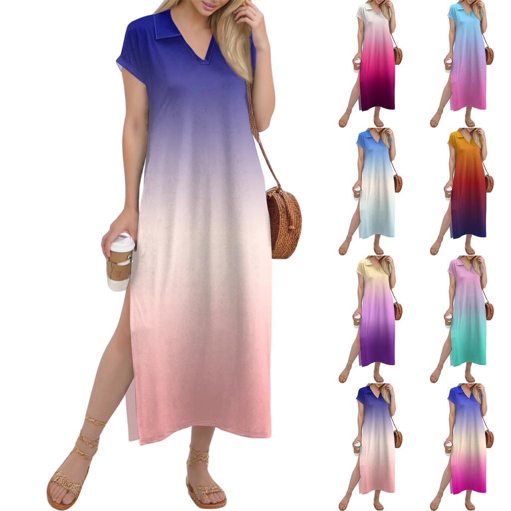 Damen Langer Rock Lässiges V-Ausschnitt Langes Hemdkleid Lockerer Schlitz Urlaub Kurzarmkleid