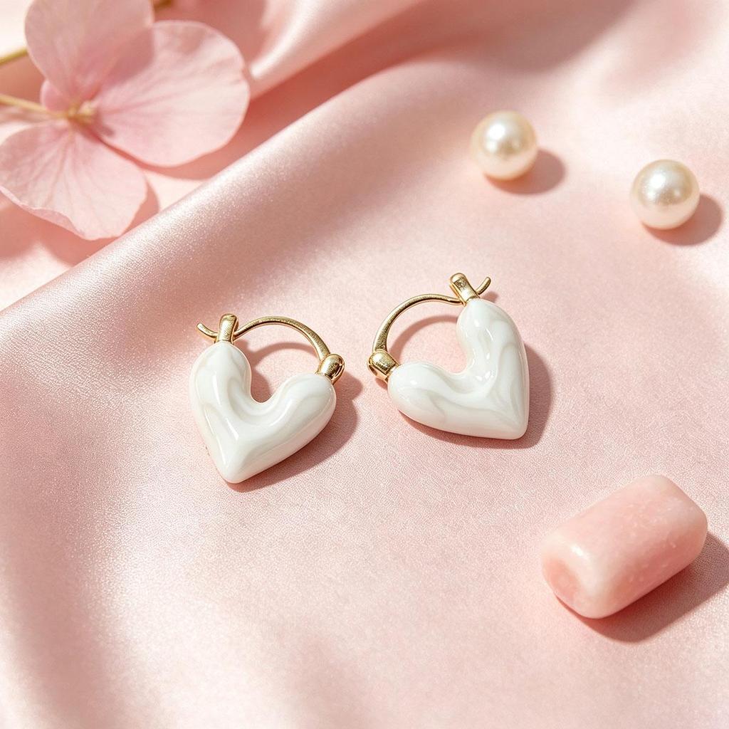 French-style Milk White Heart Ear Clip for Women, Niche Design Earrings, Daily Fashion, Minimalist, Cool Style