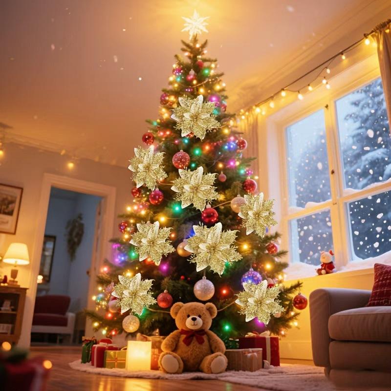 10pcs 14cm Christmas Flower Ornaments,Pink,Red,Gold,Glitter Artifical Flowers For Christmas Tree,Xmas Decoration For Home