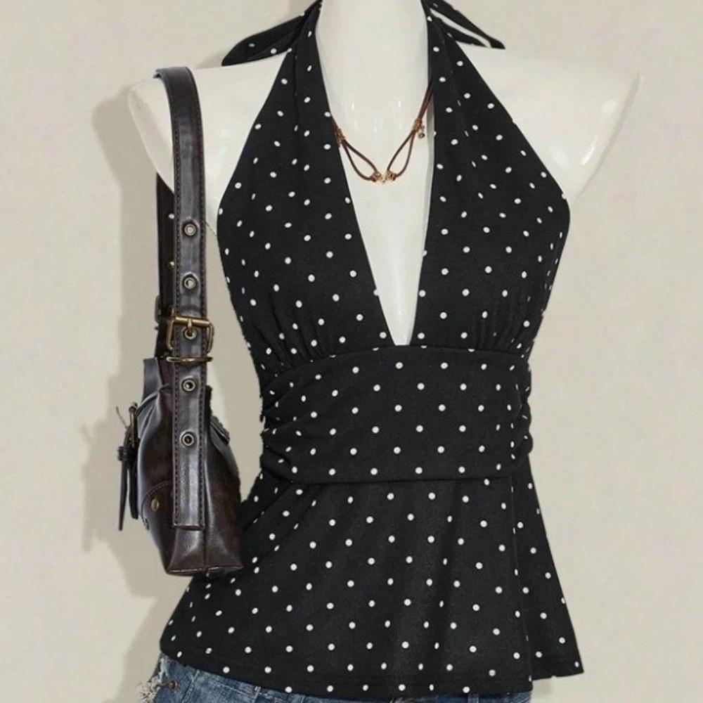 Pleated Women Crop Top Sleeveless Halter Ruffle Vest Backless Hanging Neck Top Summer