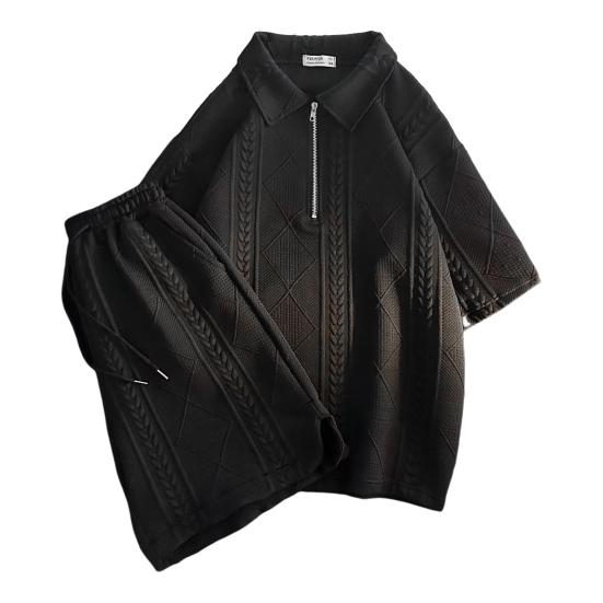 

Мужской комплект спортивной одежды из 2 шт./компл., футболка с короткими рукавами и застежкой-молнией с лацканами, широкие шорты с эластичной резинкой на талии M чёрный