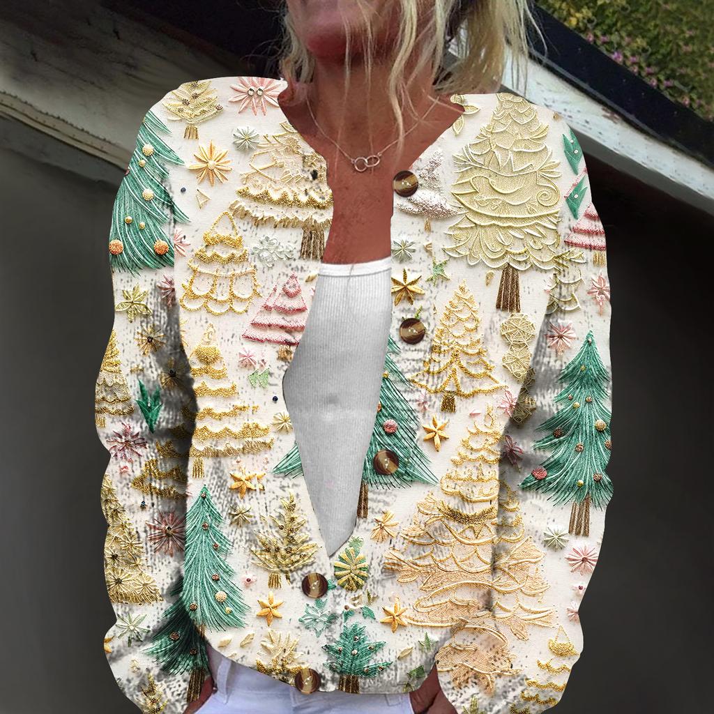 Women's Fashion Christmas Print Long Sleeve Knitted Cardigan Button Jacket