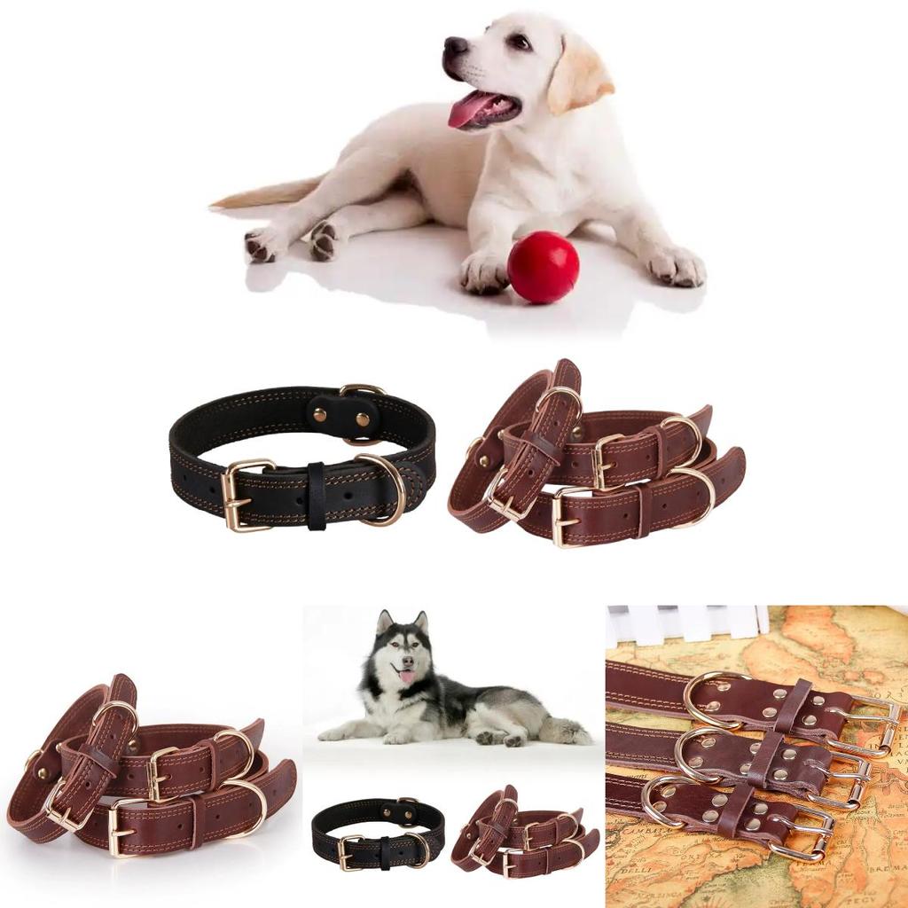 Classic Leather Dog Collar With Vintage Brass Buckle For Medium To Large Dogs