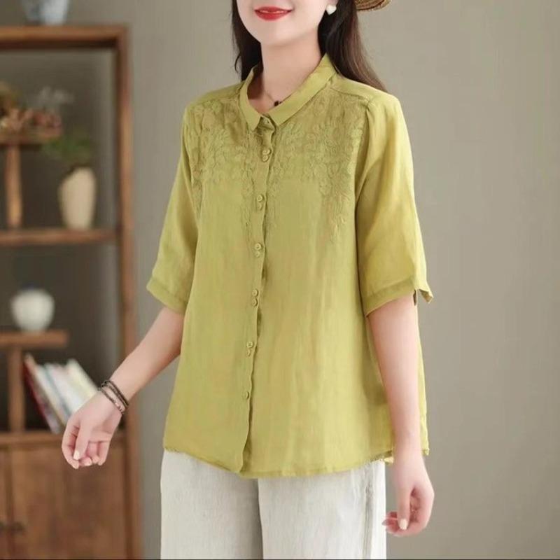 Women s Cotton and Linen Blend Embroidered Short Sleeve Casual Loose Blouse L