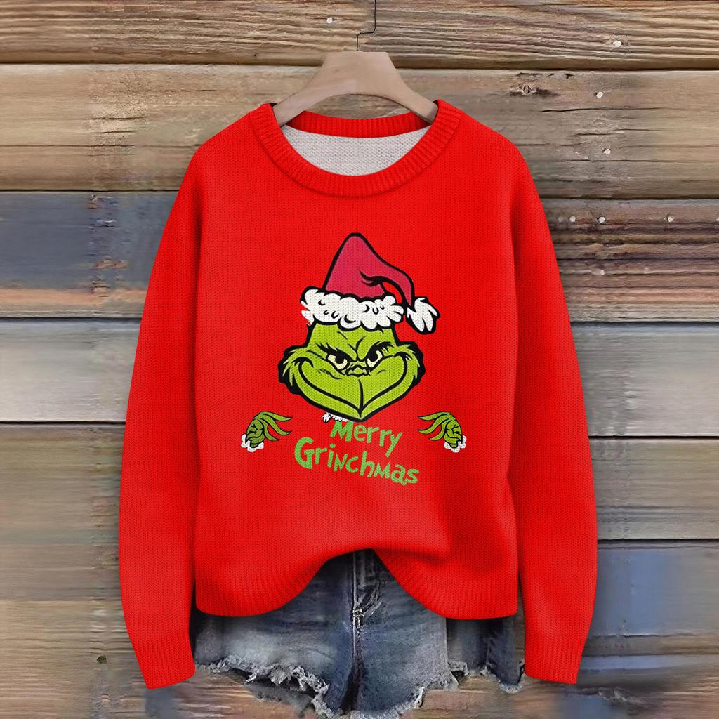 Women's Christmas Print Cardigan Long Sleeve Round Neck Knit Top