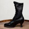 Vintage Women's Ankle Boots Victorian Pointed Toe Mid-Calf Boots for Women Elegant Pu Lace Up Boot Spliced Ladies High Heel Shoe