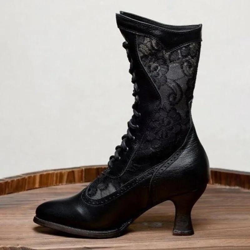 Vintage Women's Ankle Boots Victorian Pointed Toe Mid-Calf Boots for Women Elegant Pu Lace Up Boot Spliced Ladies High Heel Shoe