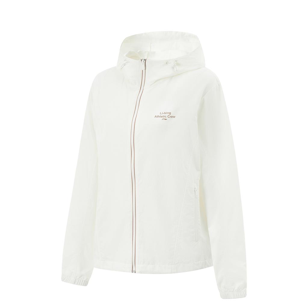 Li Ning Leaf Ruffle Sports Casual Minimalist Solid Color Hooded Zipper Loose Windbreaker Women Outerwear Off-White AFDV448-7