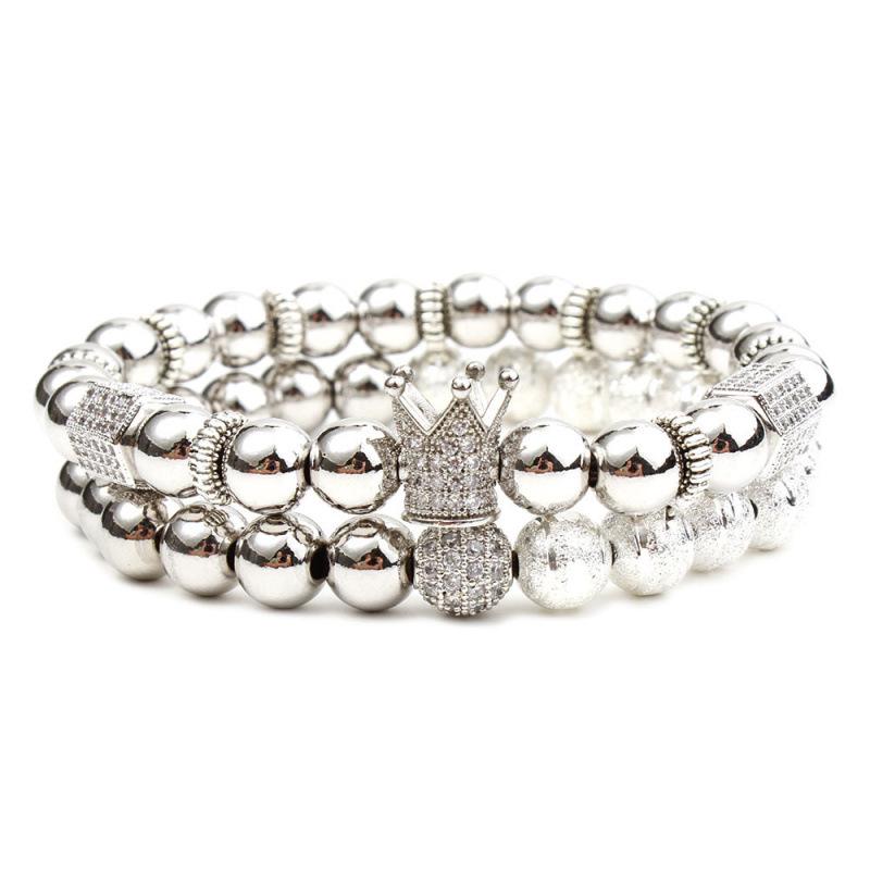 8mm Copper Zircon Crown Bracelet - Fashionable Beaded Design серебряный