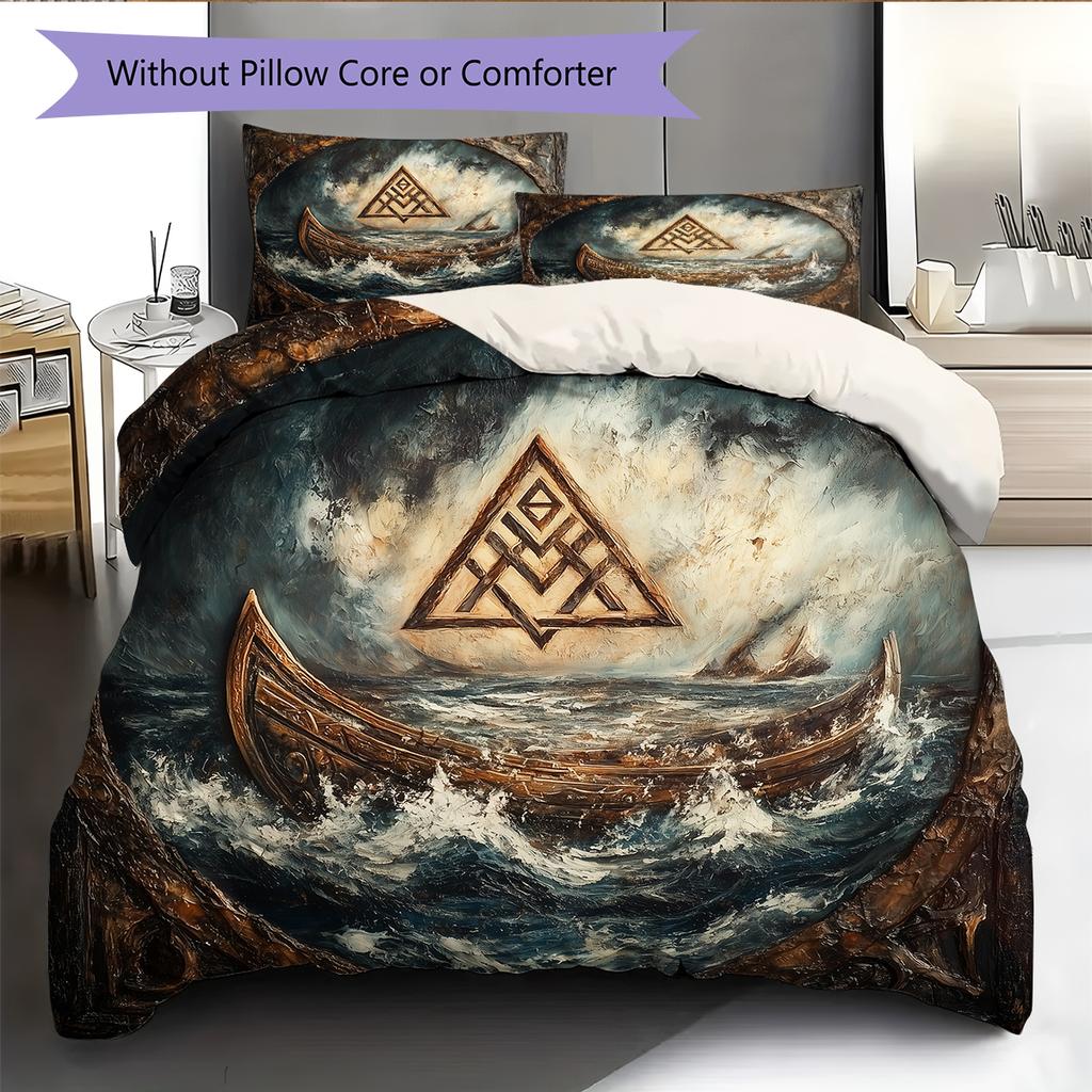 Viking Longship Pattern Bedding Home Decoration Birthday Gift (1 * duvet cover + 2 * pillowcase, without core)
