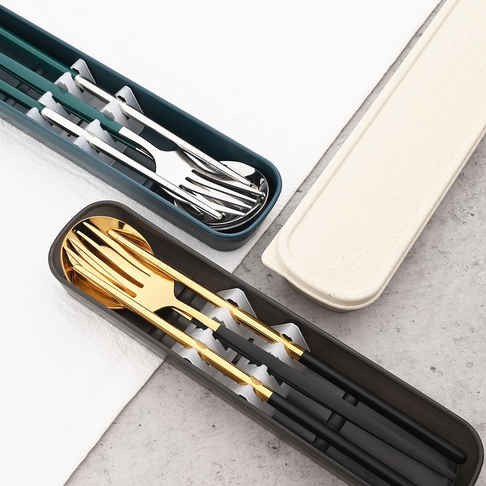 Gold Geschirr Set Reise Camping Besteck Gabel Löffel Stäbchen Set Geschirr Mit Tragbare Box Edelstahl Besteck Set