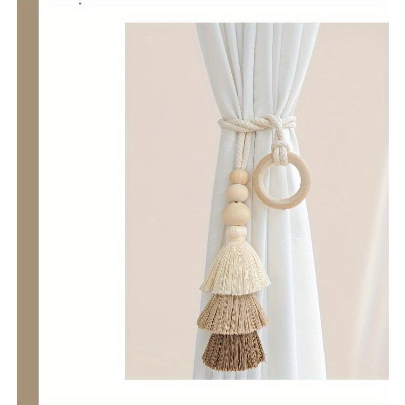 2pcs Bohemian Handmade Tassel Curtain Tiebacks with Wooden Beads - Polyester, Modern Boho Style Window Drape Holdbacks for Home Decor