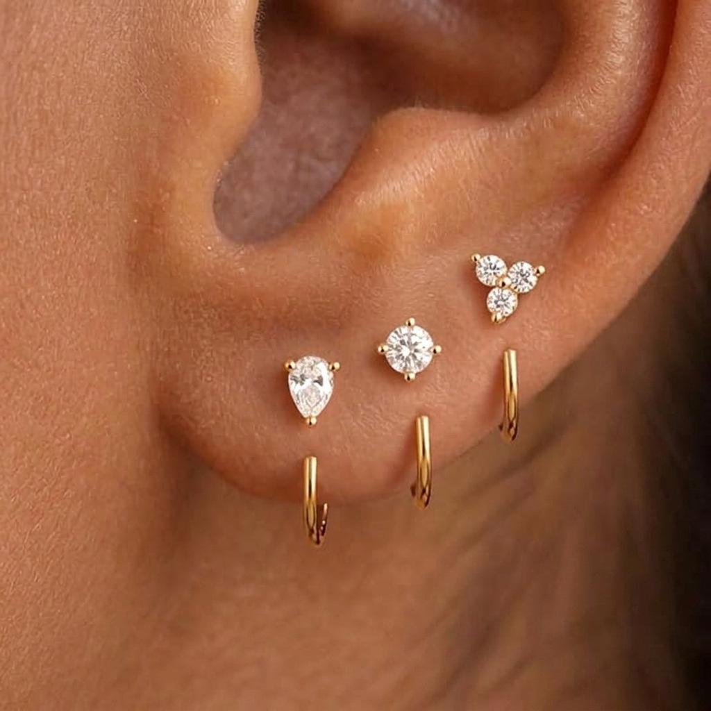 3Pcs Gold Plated C Shape Hook Earrings For Women Crystal Zircon Copper Cartilage Ear Piercing Earring Daily Wear Party Jewelry