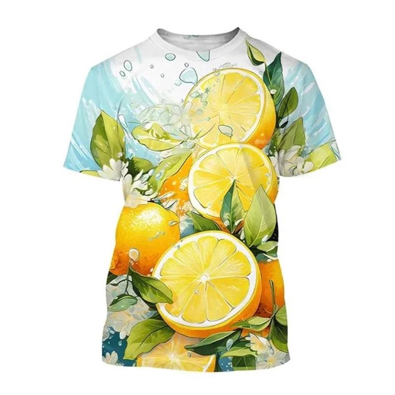 Summer Round Neck 3D Fruit Lemon Pattern Print Top Fashionable Casual Short Sleeved Men's and Women's Unisex T-shirts