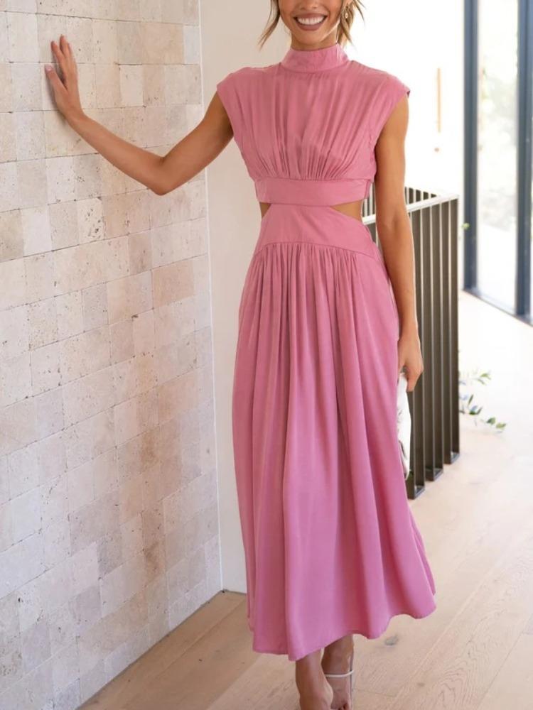 

Женские элегантные платья, летнее модное повседневное однотонное платье без рукавов с открытой спиной, женское сексуальное плиссированное длинное платье с вырезом S розовый