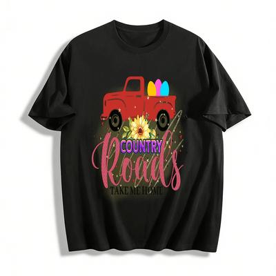 Easter Country Roads Red Truck Graphic Casual Top Pure Cotton T-shirt