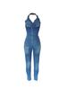 Europäischer und Amerikanischer Stil Schlankmachender Ärmelloser Neckholder Jumpsuit Jeans
