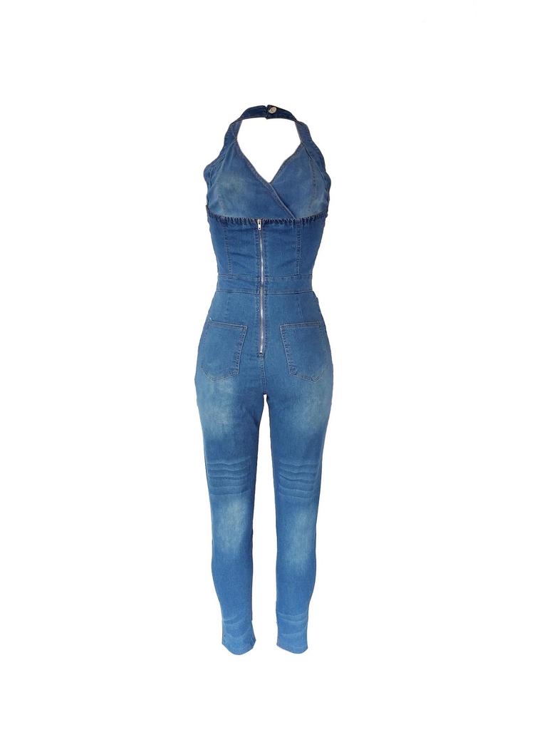 Europäischer und Amerikanischer Stil Schlankmachender Ärmelloser Neckholder Jumpsuit Jeans