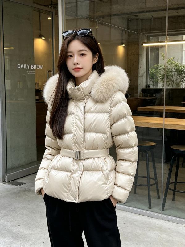 Nouveau temperament d'hiver grand col en fourrure à lacets amovibles à la taille chaud à capuche vêtements en coton manteau pour femme tendance