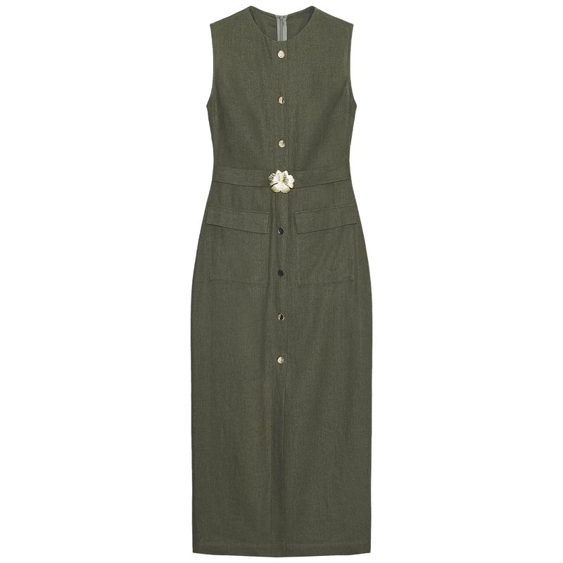 Zaprha 2025 Summer New Clamshell Linen Button Belt round Neck Sleeveless Midi Dress 8416712