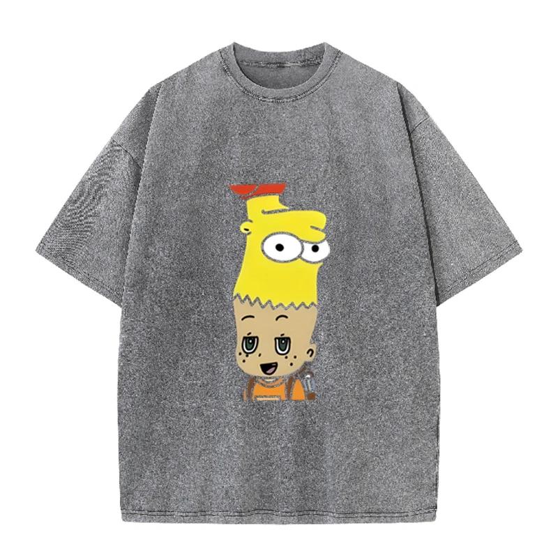 Mashup Cartoon Bart Simpson Print Vintage Washed T Shirt Black Casual Streetwear