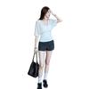 Fake two V-neck bat short-sleeved top with waist vertical pattern waist and thin design Korean short versatile white T-shirt