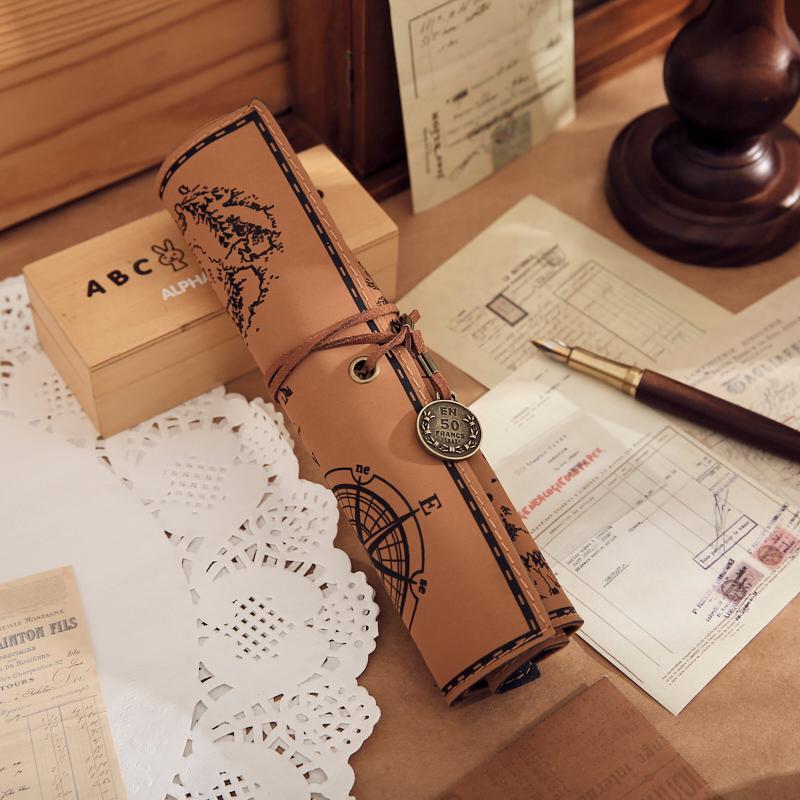 1 Pc Creative Treasure Map Retro PU Leather Large Capacity Pencil Bag Cute and Simple Stationery Box Pencil Bag