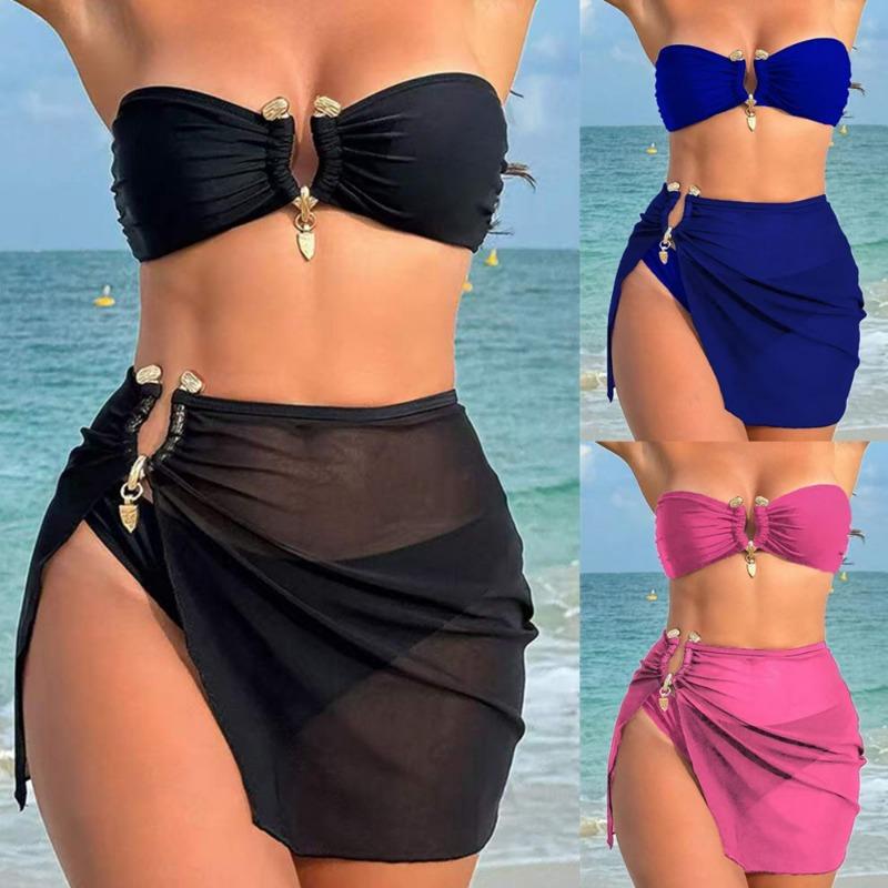 New European and American Swimsuit, Three-piece Set of Solid Color Metal Buckle Women's Split Bikini Swimsuit