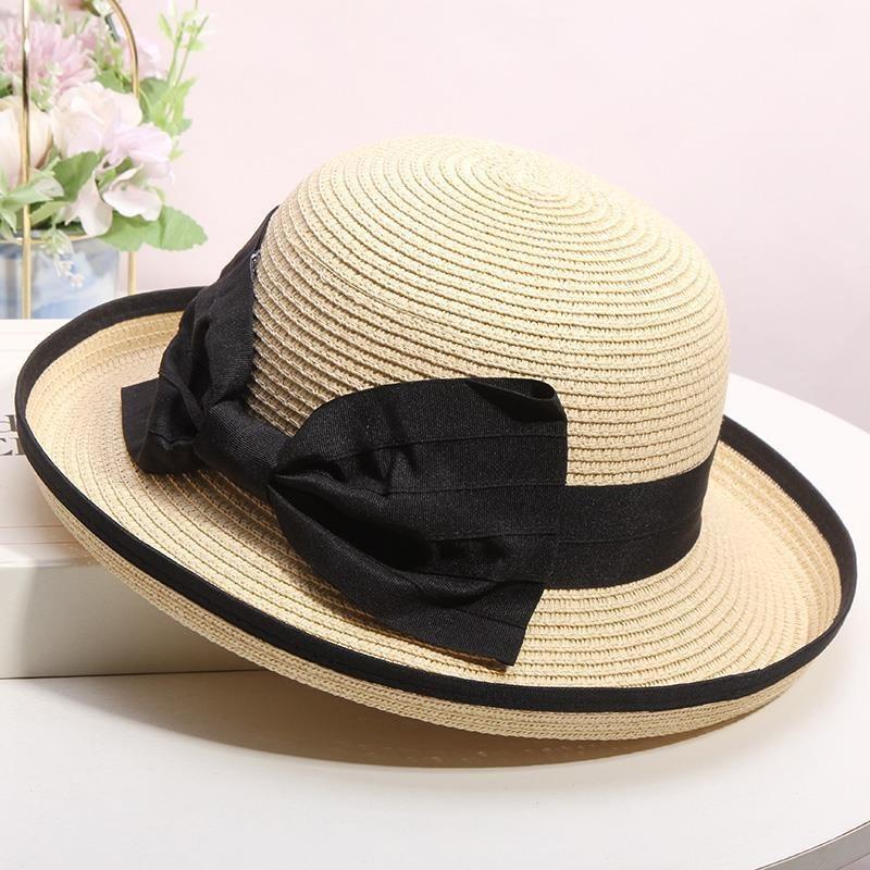 Elegant Straw Sun Hat with Black Big Bow - Wide Brim, White & Black Dome, Perfect for Summer and Formal Occasions,Tea Party