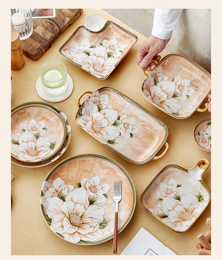 Floral Pattern Dumplings Plates Household 7.5 Inch Underglazed Colour Kitchen Tableware with Vinegar Dish Aesthetic Square Plate