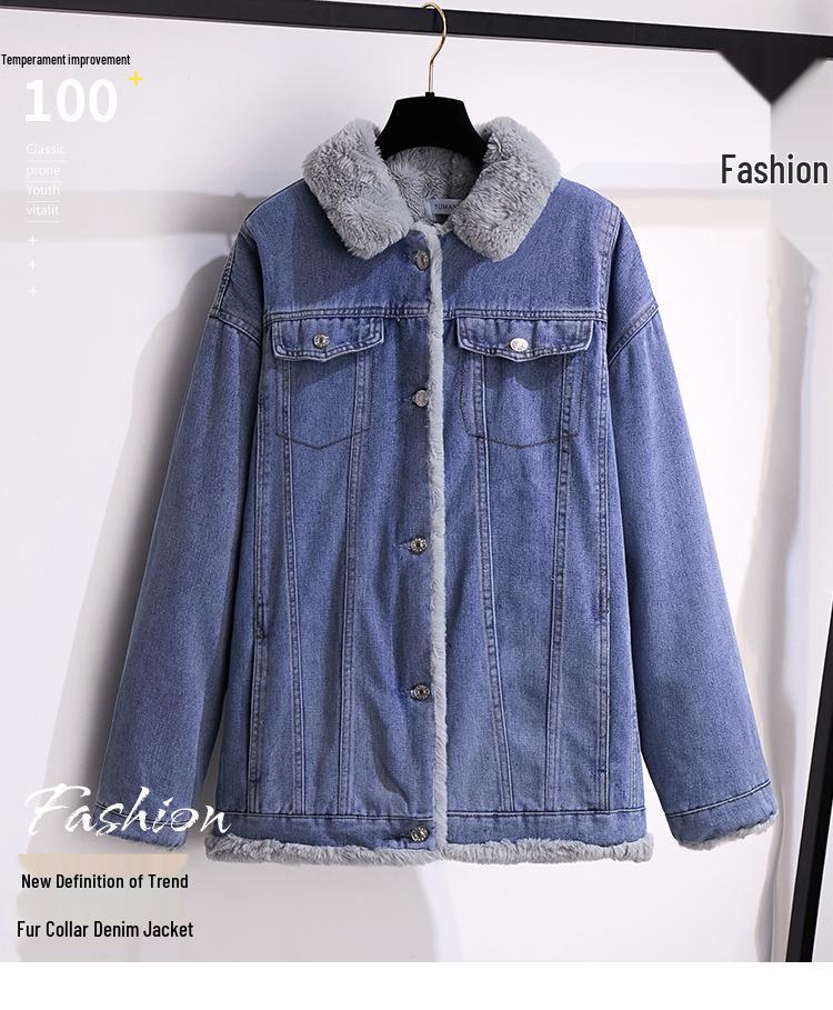 Extra Large Winter Plus Velvet Denim Jacket - Thickened Casual Cotton Coat for Sizes 200/300 Jin