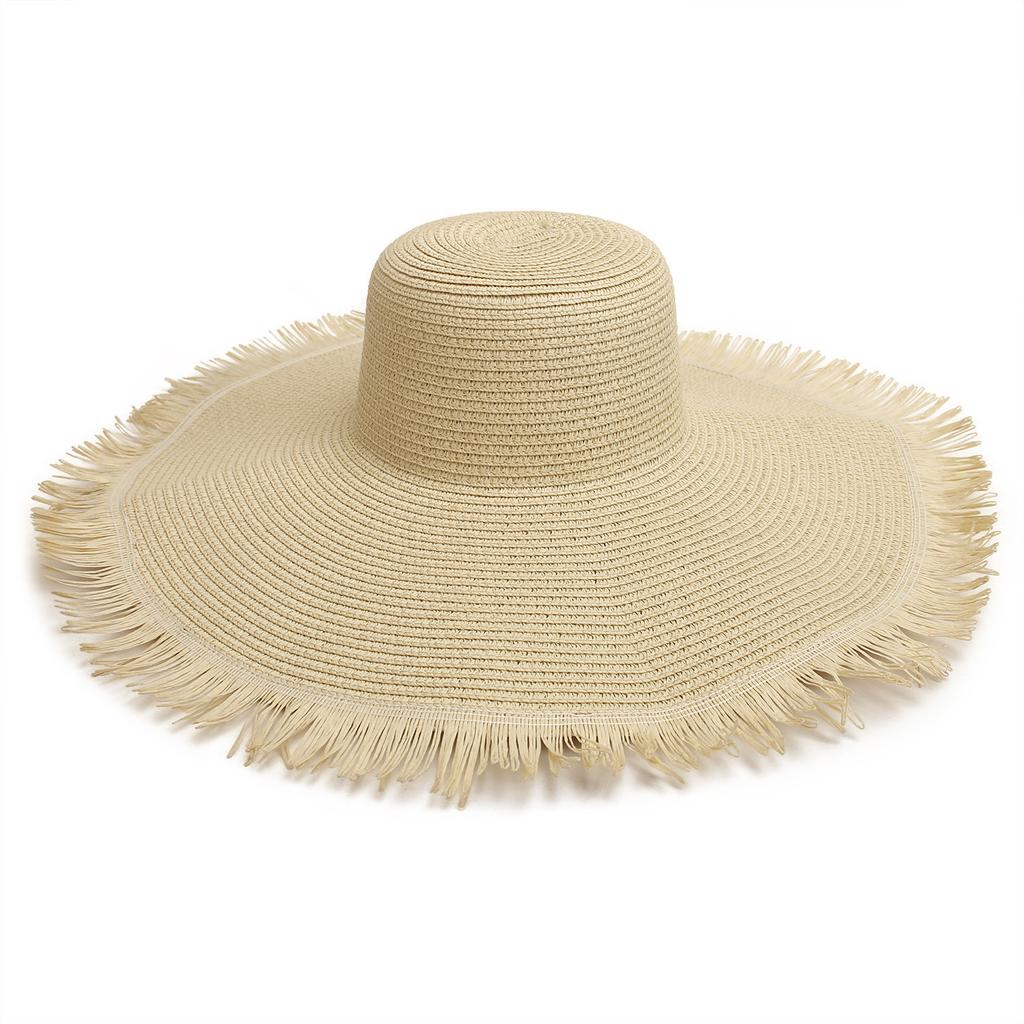 In Stock Fashion Wide Brim Beach Hat Cross Border Sun Hat Women's Woven Frayed Edge Straw Hat Bohemian Style Hat