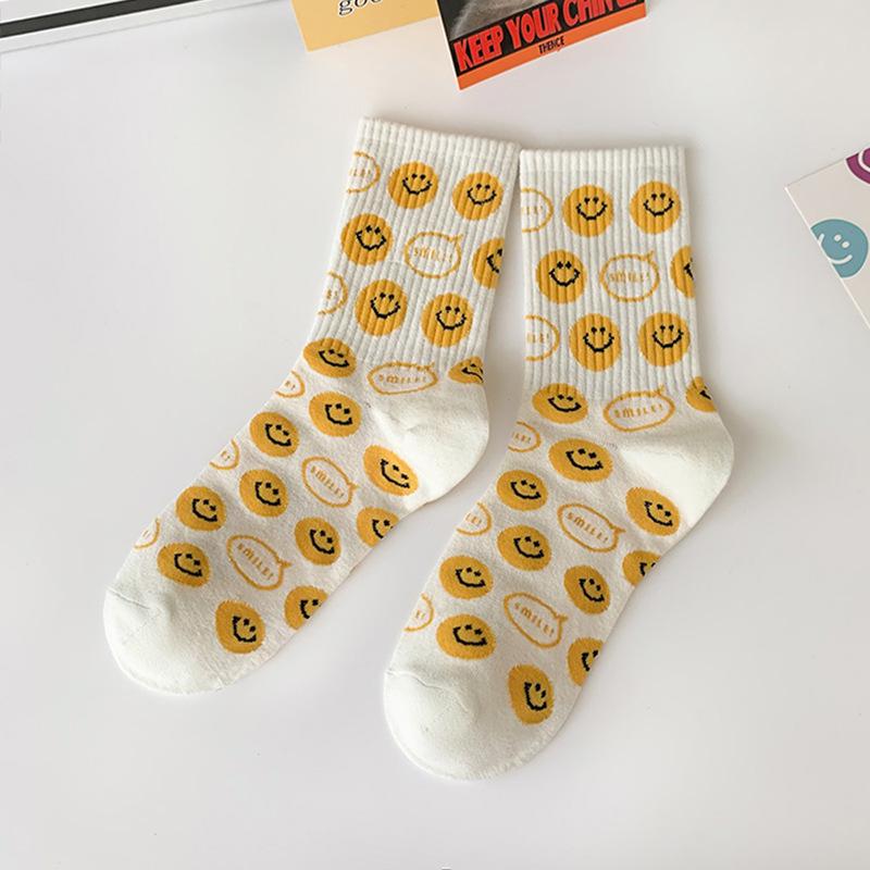Cartoon Smiley Mid-Calf Women's Cotton Socks - Versatile Academy Style for All Seasons
