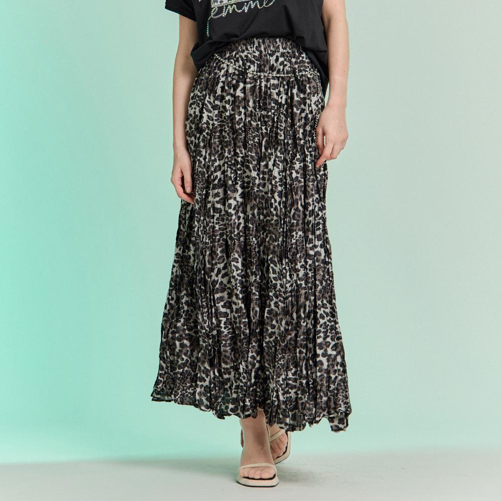 MAXZA Leopard Pattern Creasing Pleated Long Skirt