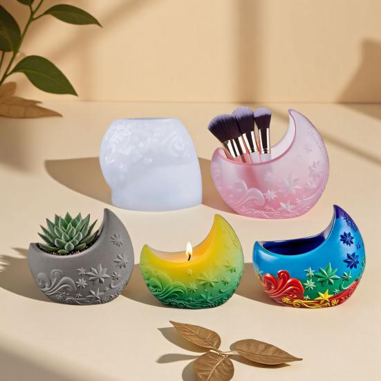 Moon Silicone Mold DIY Handmade Makeup Brush Jewelry Pen Potted Plants Decorative Container Candle Cup Mold Gypsum Cement Epoxy Resin Casting Mold