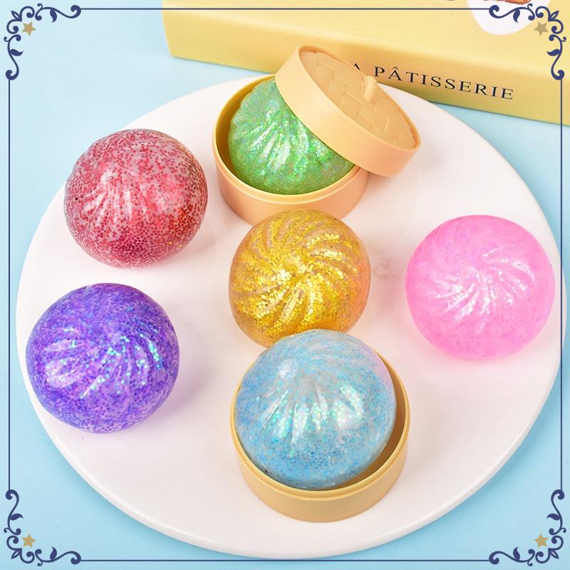 Simulated Food Squishy: Colorful Glitter Bun Squeeze Toy, Creative Steamer Bun Ornament, Aesthetic Office Desk Decor, New