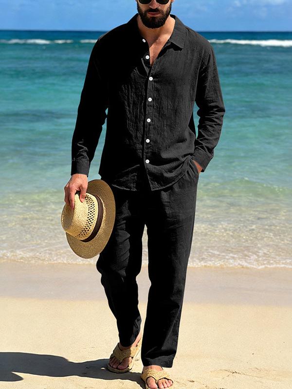 Men's Spring Autumn Linen Suit: Long Sleeve Loose Casual Shirt & Straight Leg Pants