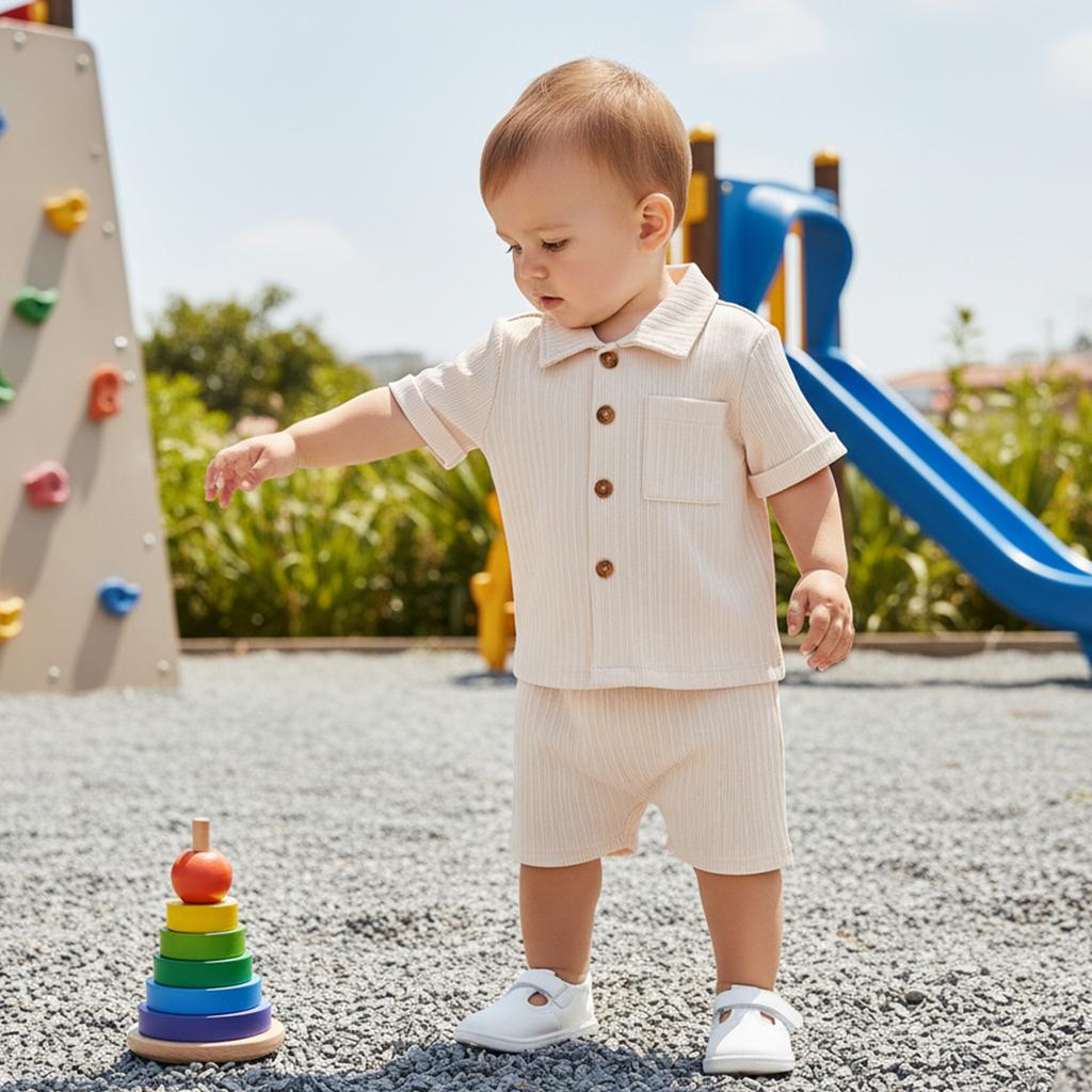Casual Toddler Baby Boys 2 Piece Outfits Summer Short Sleeve Turn Down Collar Solid Color Tops and Shorts Set