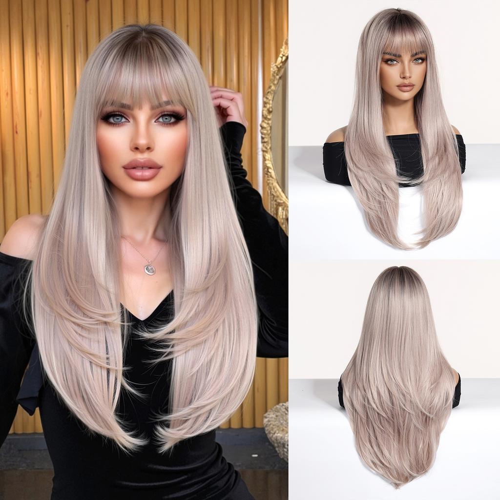 Synthetic Layered Wig Long Rose Gold Straight Wigs with Bangs Blonde Cosplay Party Natural Hair Wigs for Women Heat Resistant