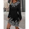Womens Heart Print Round Neck Long Sleeve Plaid Patchwork Midi Dress Elegant Casual Office Wear