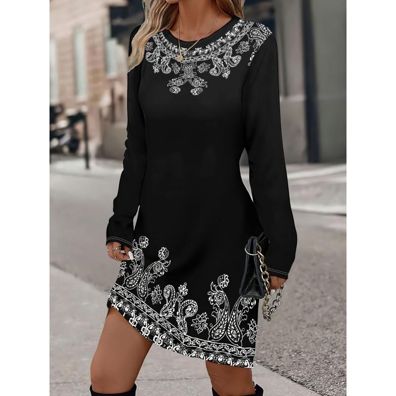 Womens Heart Print Round Neck Long Sleeve Plaid Patchwork Midi Dress Elegant Casual Office Wear