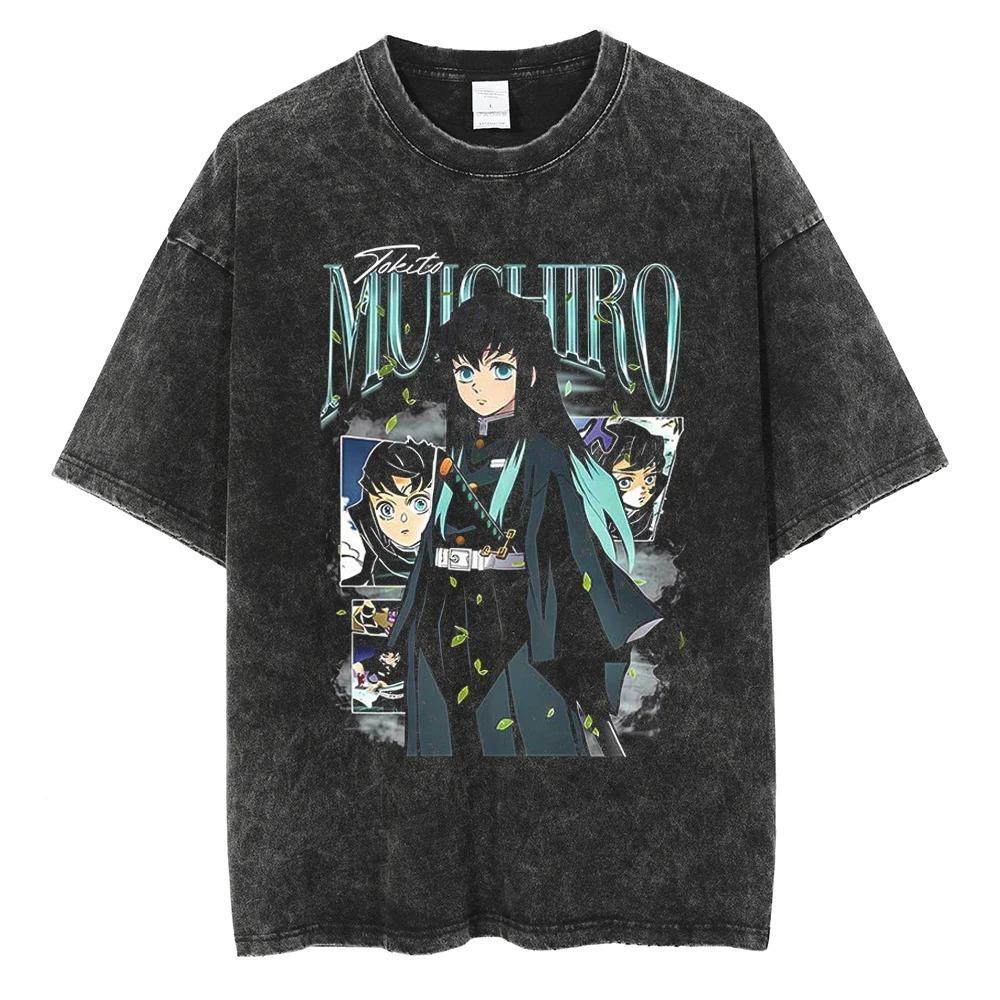 Demon Slayer Nezuko Vintage Washed Doppelseitiges Grafik-T-Shirt, Sakura & Blutdämonenkunst Oversized Streetwear Tee, Unisex Anime Freizeit-Oberteil